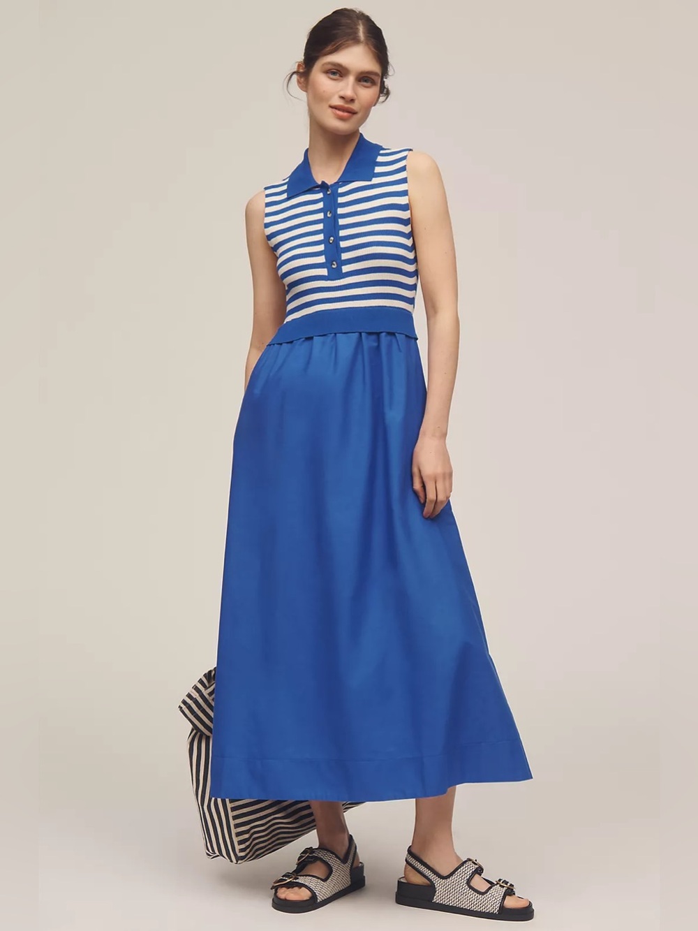 By Anthropologie Thea Polo Collar Sleeveless Dress in Blue Nautical Stripe